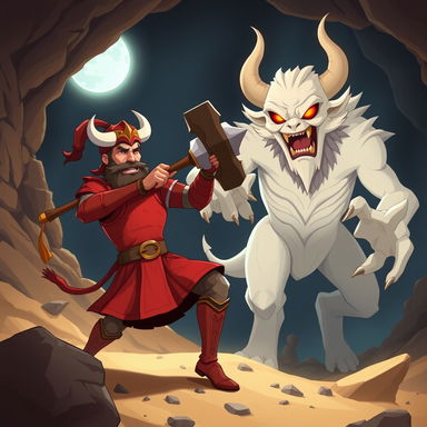 An epic cartoon illustration of Rostam and the White Div (Div-e Sepid) from Ferdowsi's Shahnameh, depicted in a Persian miniature style with a modern digital animation twist