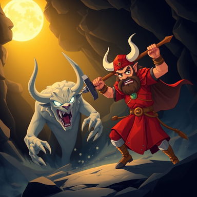 An epic cartoon illustration of Rostam and the White Div (Div-e Sepid) from Ferdowsi's Shahnameh, depicted in a Persian miniature style with a modern digital animation twist