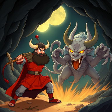 An epic cartoon illustration of Rostam and the White Div (Div-e Sepid) from Ferdowsi's Shahnameh, depicted in a Persian miniature style with a modern digital animation twist
