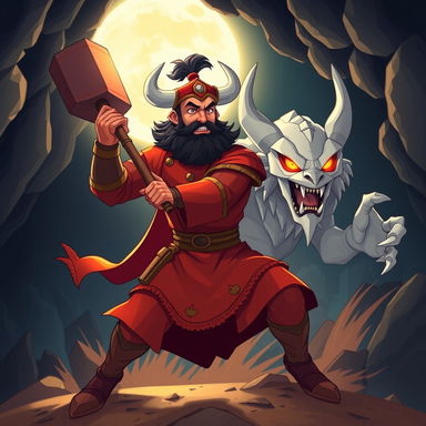 An epic cartoon illustration of Rostam and the White Div (Div-e Sepid) from Ferdowsi's Shahnameh, depicted in a Persian miniature style with a modern digital animation twist