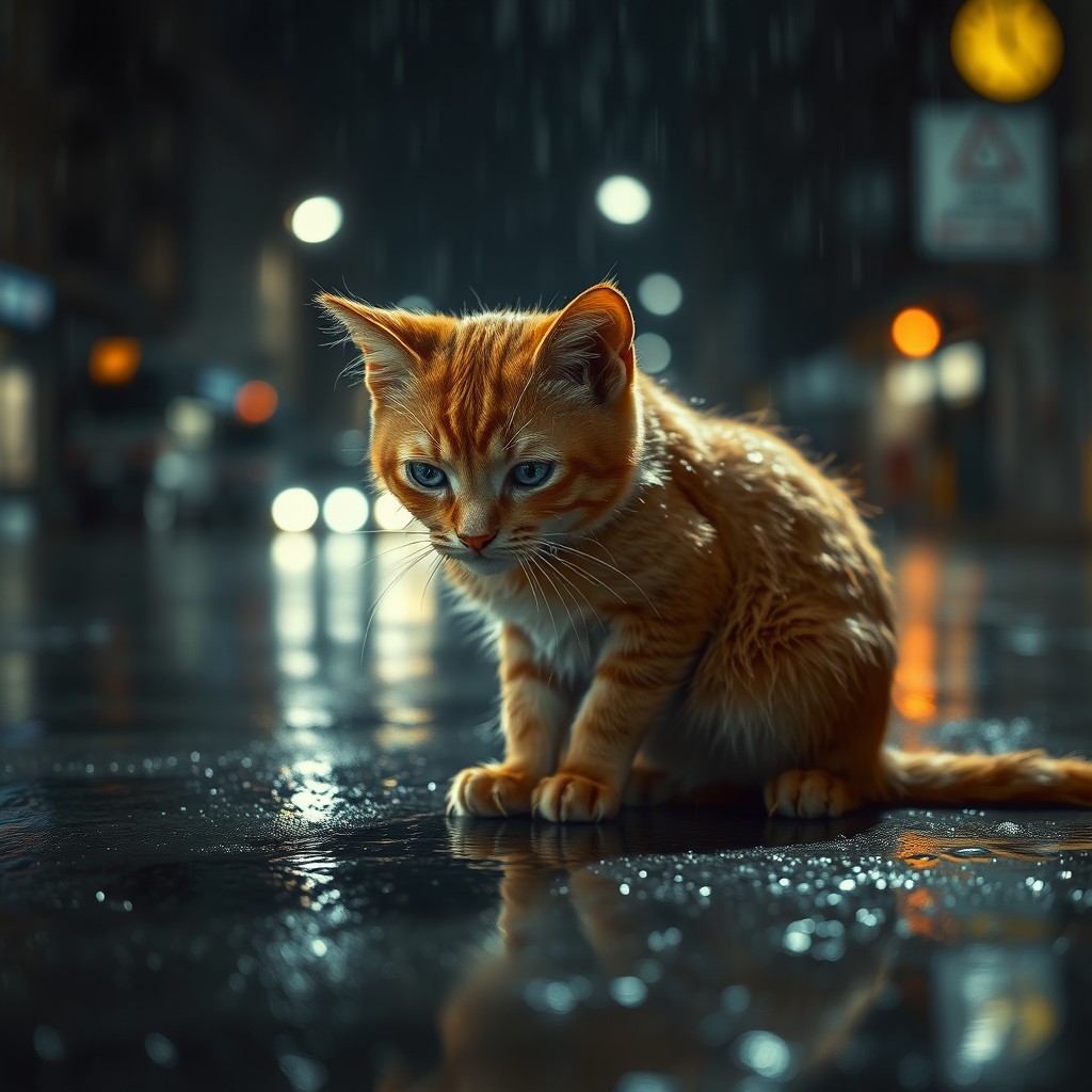 A sad, wet orange cat with short, soaked fur clinging to its thin body, droopy teary eyes, and a heartbroken expression, sitting alone on a rainy street at night