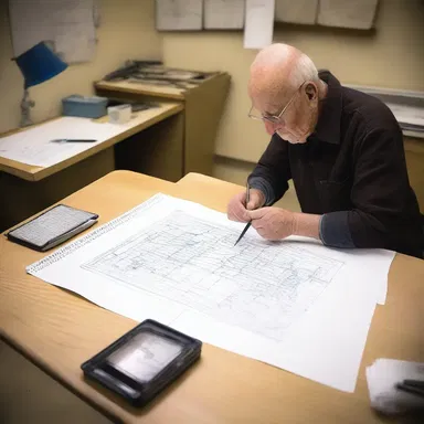 The contriver skillfully sketches out a detailed blueprint before starting a new sculpture.