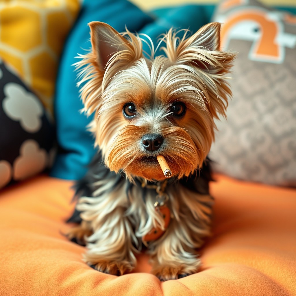 A cute little Yorkshire Terrier with a stylish appearance, sitting confidently with a cigarette playfully hanging from its mouth