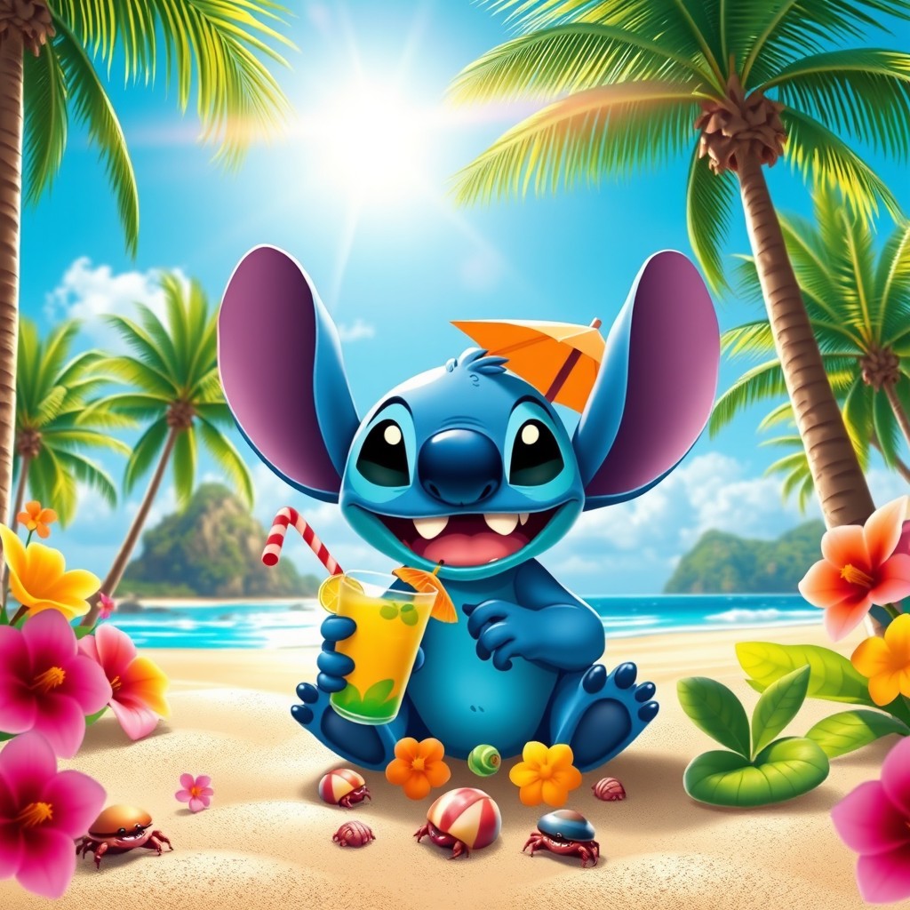 A cute, blue alien creature with large ears and a mischievous smile, sitting playfully on a tropical beach, surrounded by vibrant palm trees and colorful flowers