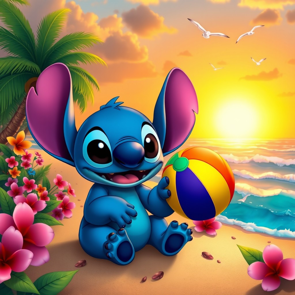 A cute, blue alien creature with large, expressive eyes and an adorably mischievous look, sitting on a lush tropical beach surrounded by vibrant flowers and palm trees
