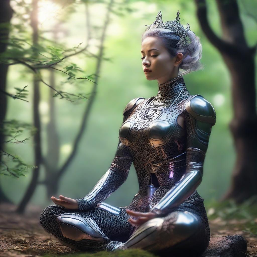 female kineticist meditates amid nature wearing her heavy armor while controlling energy around her