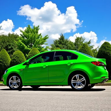 A vibrant green car parked in a picturesque setting, showcasing its glossy finish under the sunlight