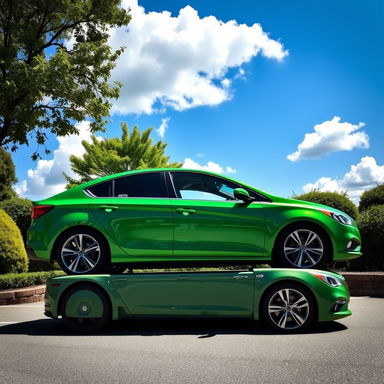 A vibrant green car parked in a picturesque setting, showcasing its glossy finish under the sunlight