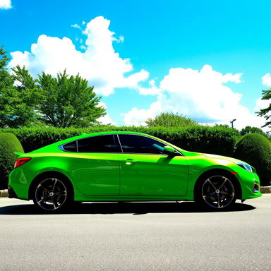 A vibrant green car parked in a picturesque setting, showcasing its glossy finish under the sunlight
