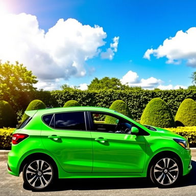 A vibrant green car parked in a picturesque setting, showcasing its glossy finish under the sunlight
