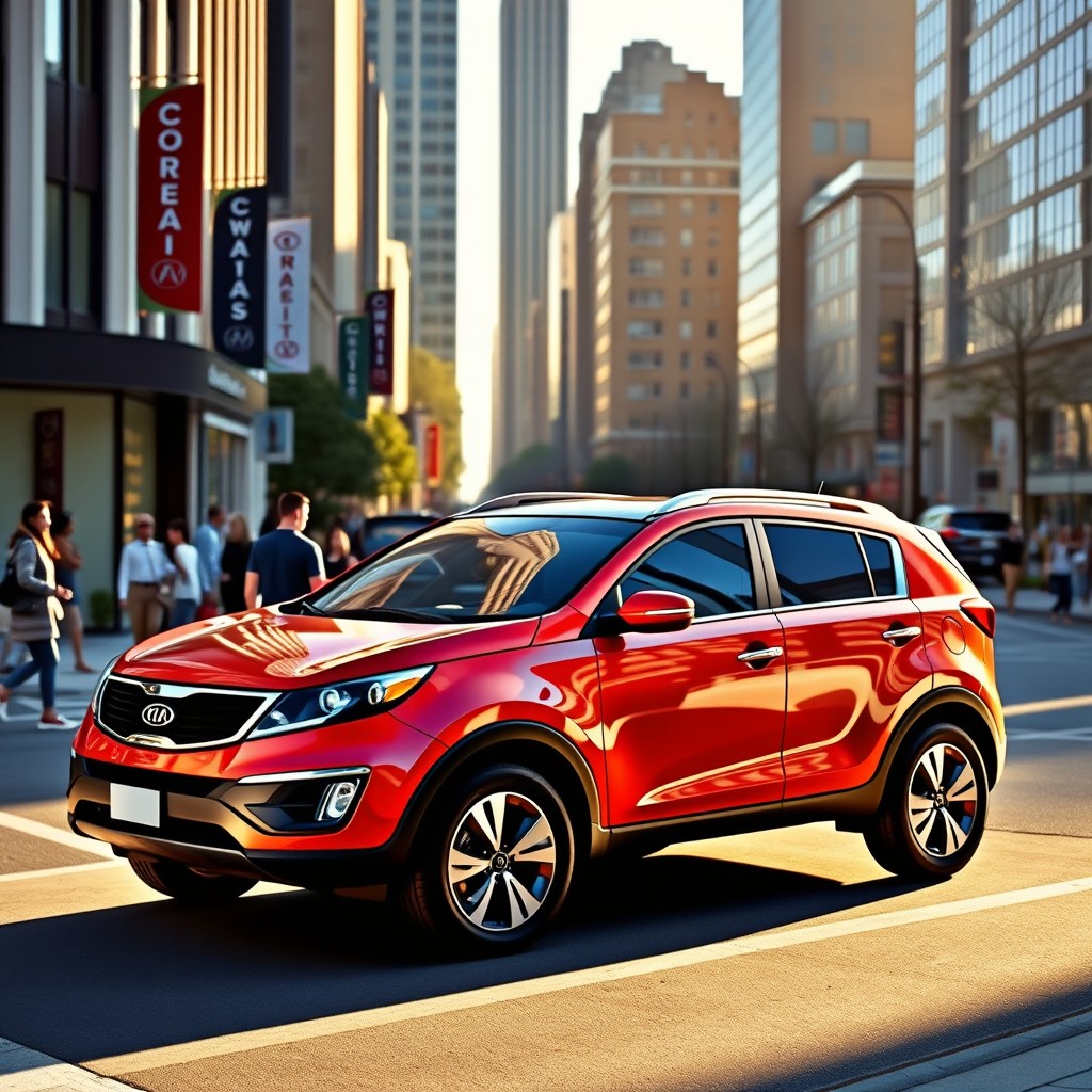 A sleek and modern 2012 Kia Sportage parked on an urban street, showcasing its stylish design and dynamic lines