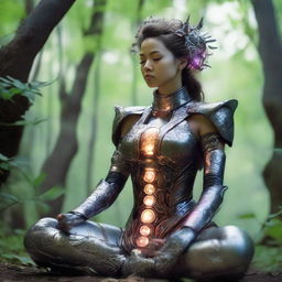 female kineticist meditates amid nature wearing her heavy armor while controlling energy around her