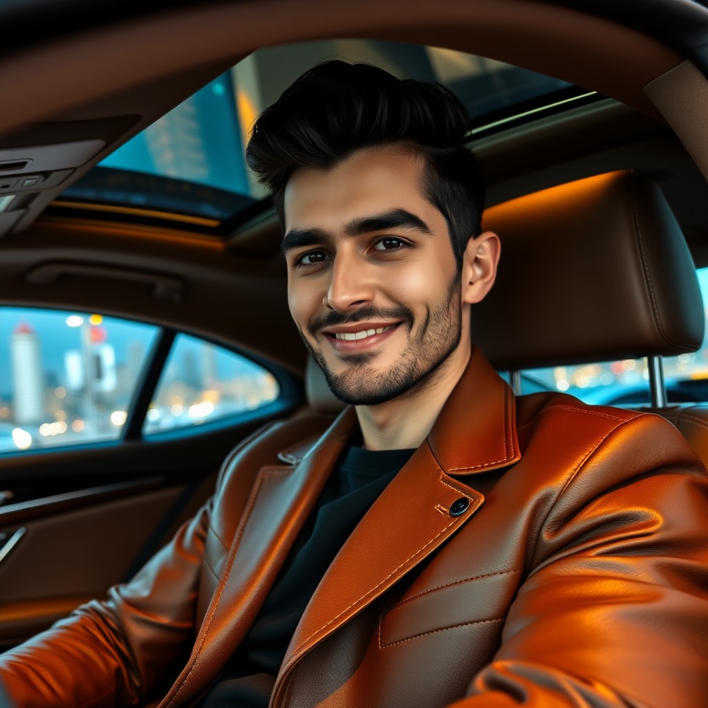 A handsome Turkish man, aged 37, sitting confidently inside a luxurious car