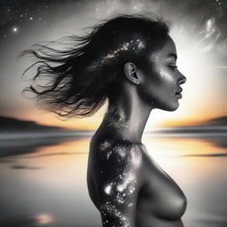 Draw a side-profile woman with sunset hues reflected on her skin, upon a beach. A spectacular scene of colliding galaxies transitions from blurred colors to black and white.