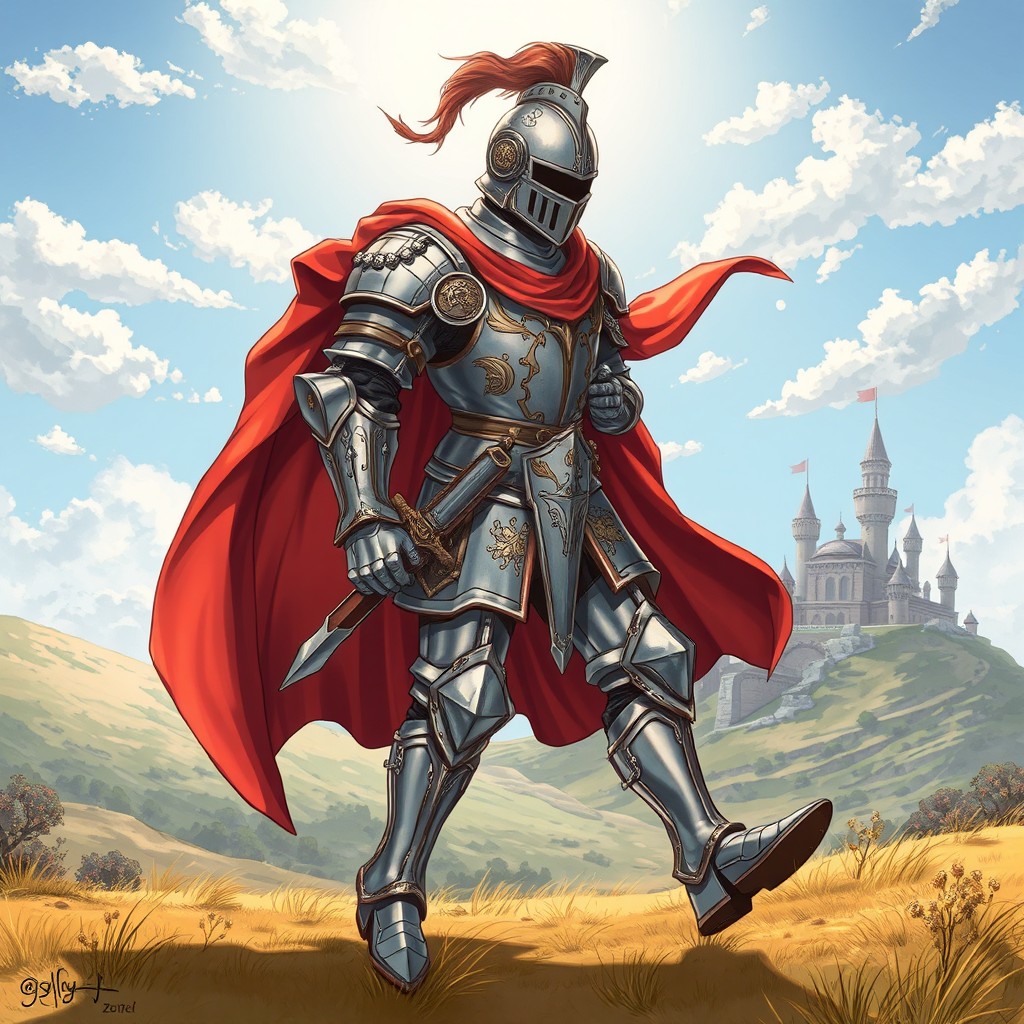 A detailed and dynamic illustration of a knight character in mid-stride, showcasing an ornate armor set with intricate designs and embellishments