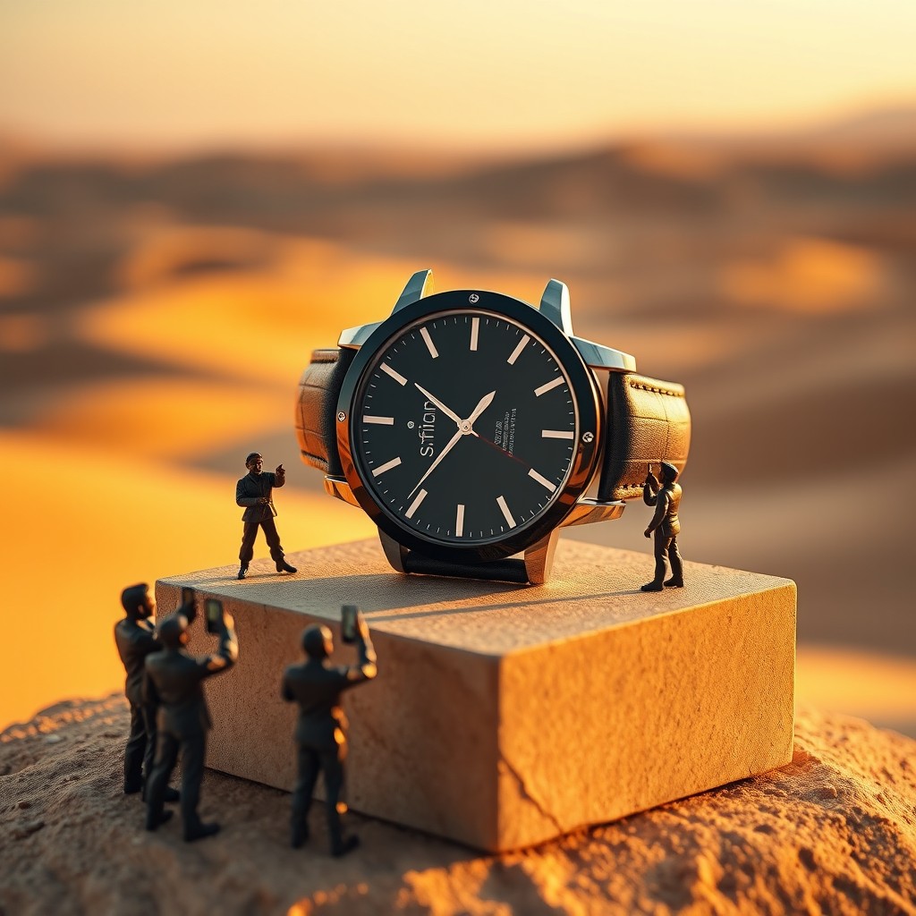 Tiny figures admiring an elegant black luxury wristwatch resting on a sleek stone pedestal in a vast golden desert at sunset