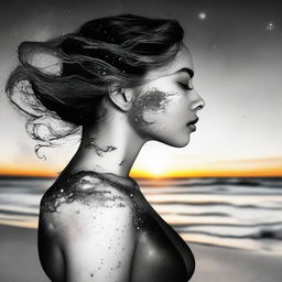 Draw a side-profile woman with sunset hues reflected on her skin, upon a beach. A spectacular scene of colliding galaxies transitions from blurred colors to black and white.