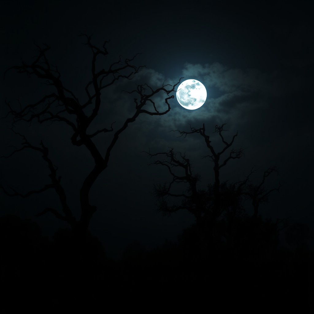 A dark night scene set on a Brazilian rural farm with a full moon partially obscured by clouds