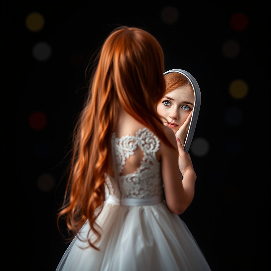 A girl with long red hair standing with her back turned in a beautiful wedding dress, holding a mirror in her hands