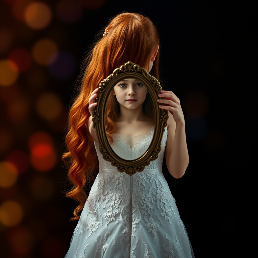 A girl with long, flowing red hair stands with her back to the viewer, wearing a stunning wedding gown