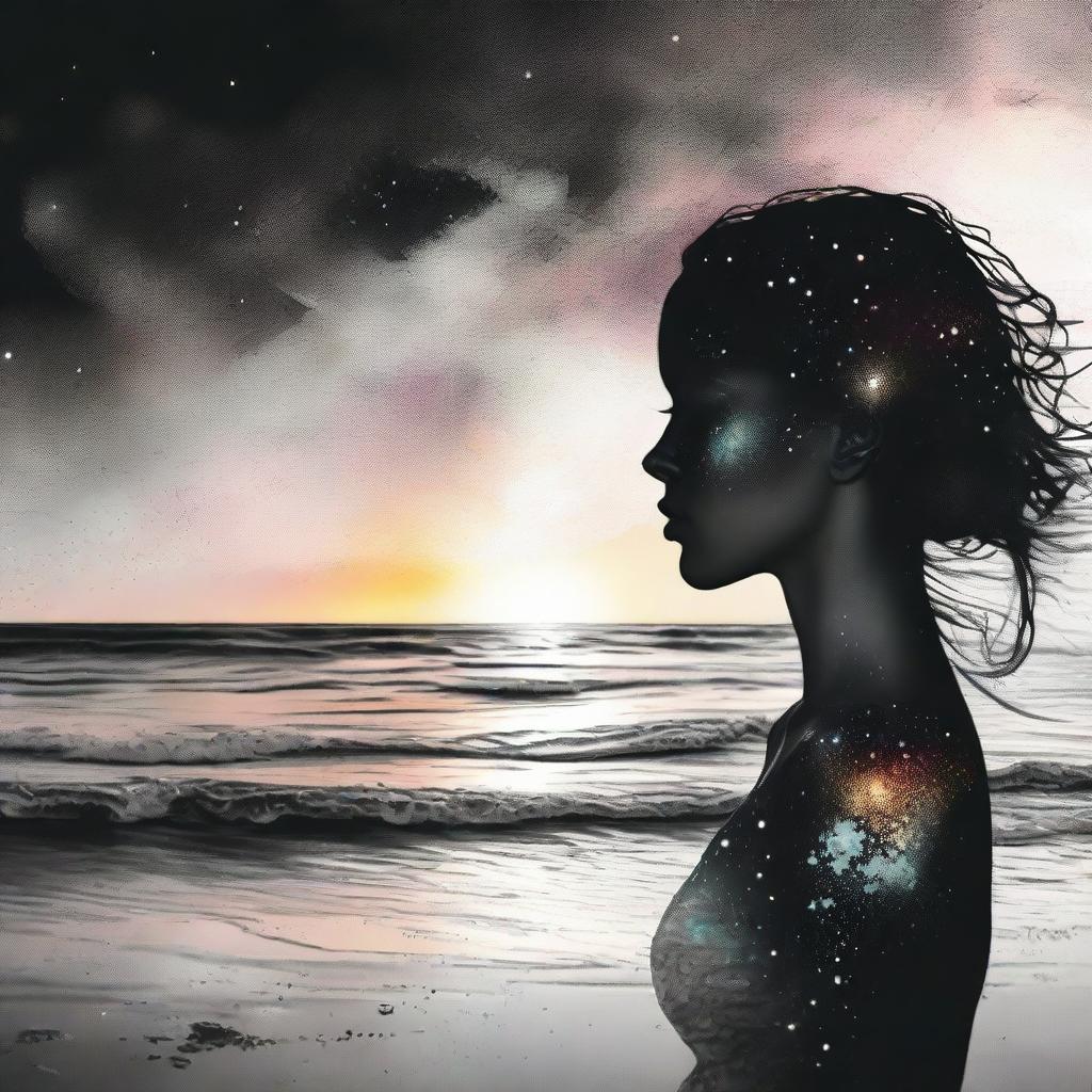 Draw a side-profile woman with sunset hues reflected on her skin, upon a beach. A spectacular scene of colliding galaxies transitions from blurred colors to black and white.