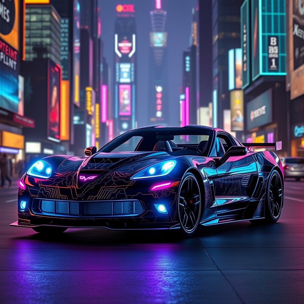 A 2005 Corvette concept car featuring an intricate body kit inspired by cyberpunk aesthetics