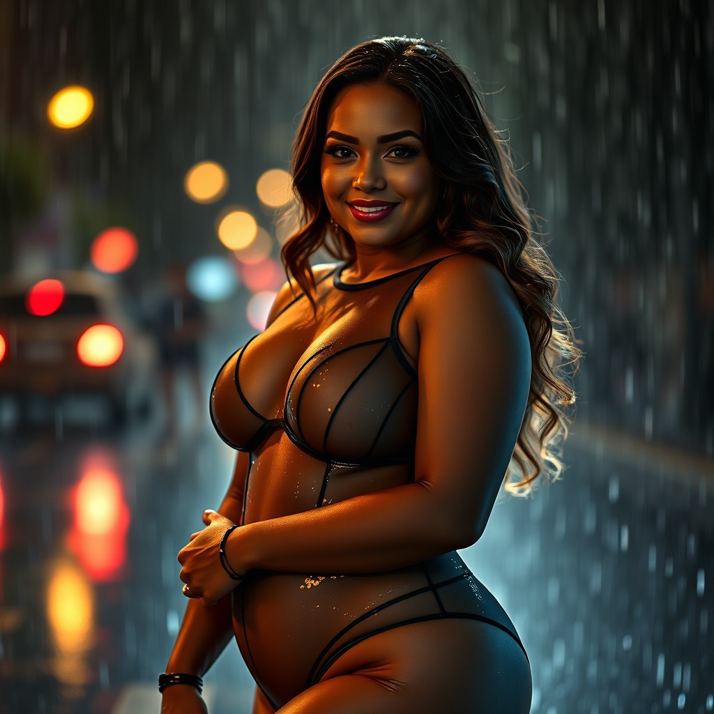 A stunningly attractive and beautiful full-figured, curvy woman in her 20s wearing an oiled, clear organza Adidas leotard, showcasing her oiled skin