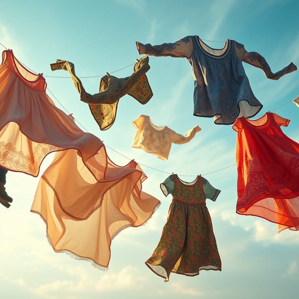 A surreal scene where clothes are floating in the air, gently billowing as if moved by a soft breeze