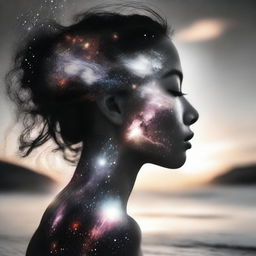 Draw a side-profile woman with sunset hues reflected on her skin, upon a beach. A spectacular scene of colliding galaxies transitions from blurred colors to black and white.