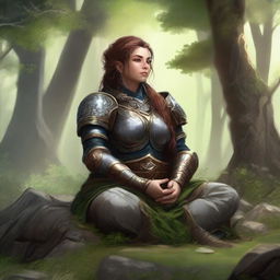 female dwarven druid meditates amid nature wearing her heavy armor while controlling energy around her