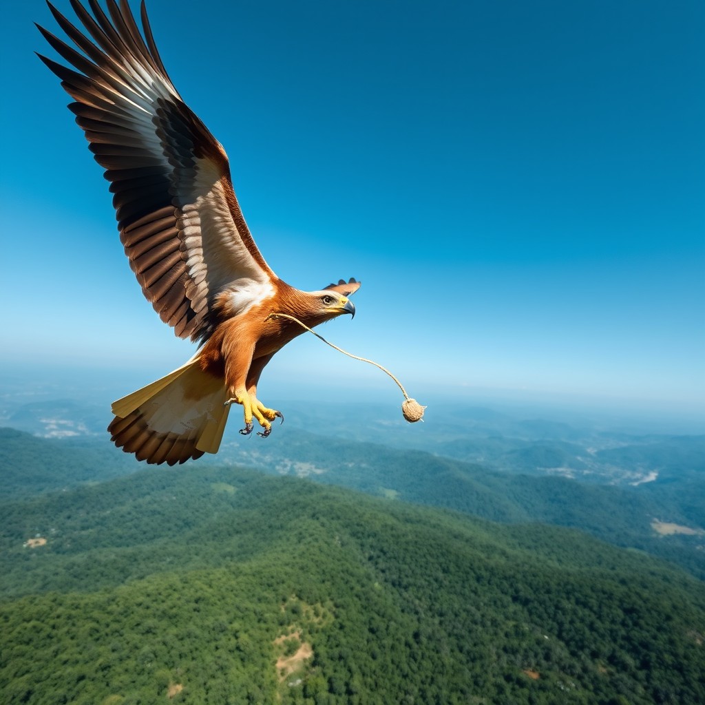 A majestic eagle soaring high in the sky, gripping a flat map of Papua New Guinea in its talons