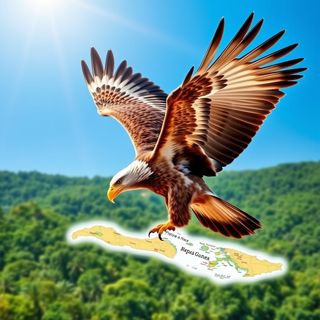 An eagle majestically soaring through a bright blue sky, its strong talons gripping a flat map of Papua New Guinea