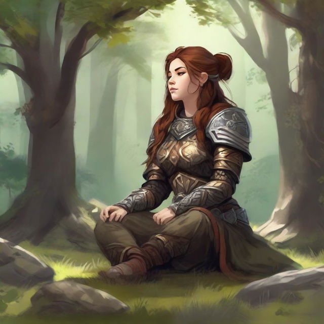 female dwarven druid meditates amid nature wearing her heavy armor while controlling energy around her