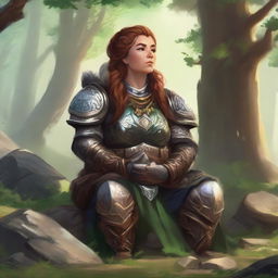 female dwarven druid meditates amid nature wearing her heavy armor while controlling energy around her