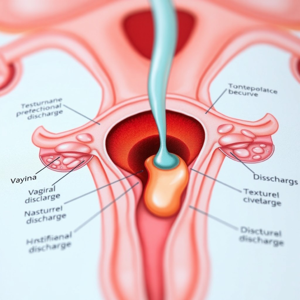 A close-up view of a medical illustration depicting vaginal discharge, focusing on the anatomical structures involved