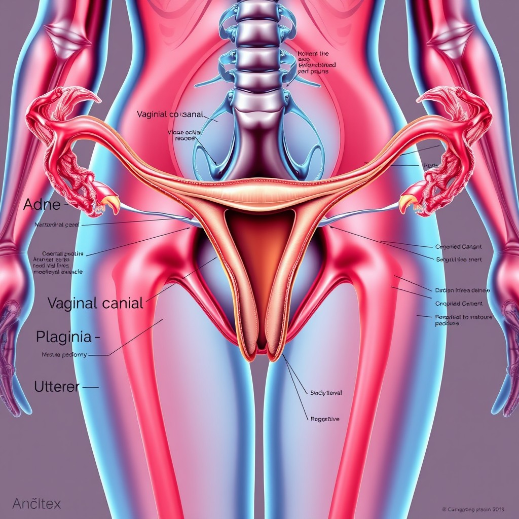 A visually striking and educational illustration of human anatomy focusing on the female reproductive system, showcasing the vaginal area in a medically accurate, anatomical style