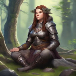 female dwarven druid meditates amid nature wearing her heavy armor while controlling energy around her