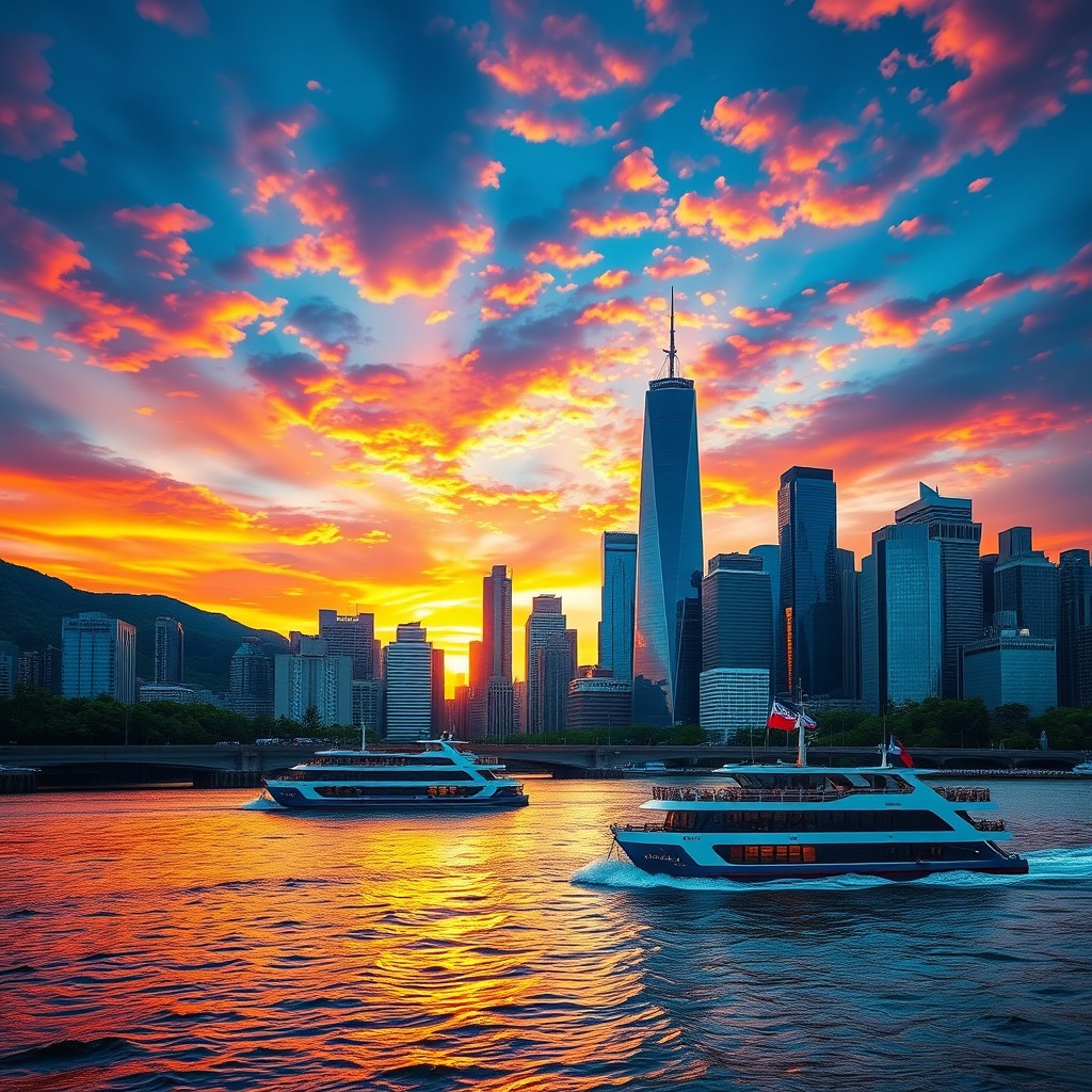 A digitally enhanced photo showcasing a vibrant city skyline at sunset, with a rich array of colors filling the sky, reflecting off the glass windows of the skyscrapers
