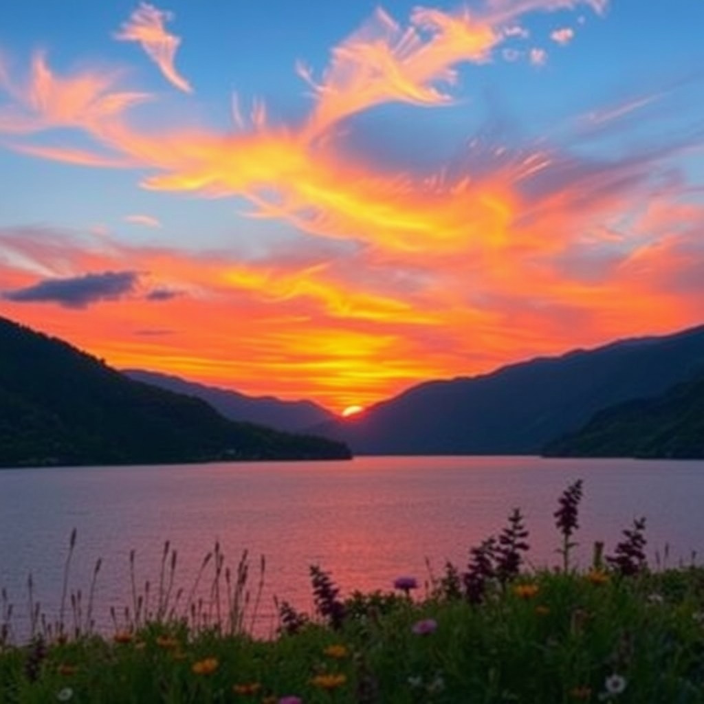 A stunning landscape photograph featuring a vibrant sunset over a calm lake, surrounded by lush green mountains