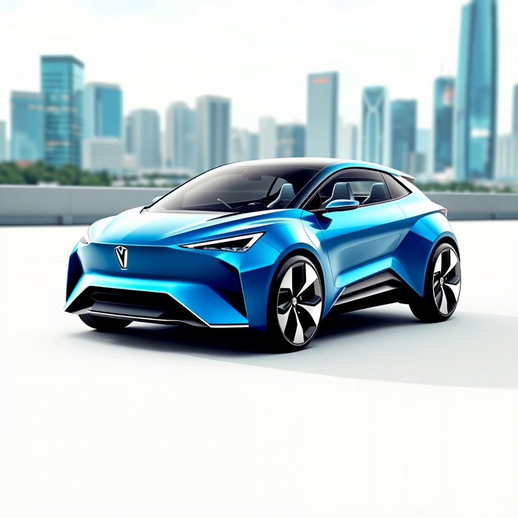 A sleek, modern concept car design inspired by the Agya 2014 model, featuring a compact and aerodynamic body structure, a futuristic front grille with sharp LED headlights, a strikingly curvy silhouette, and stylish alloy wheels