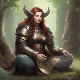 female dwarven druid meditates amid nature wearing her heavy armor while controlling energy around her