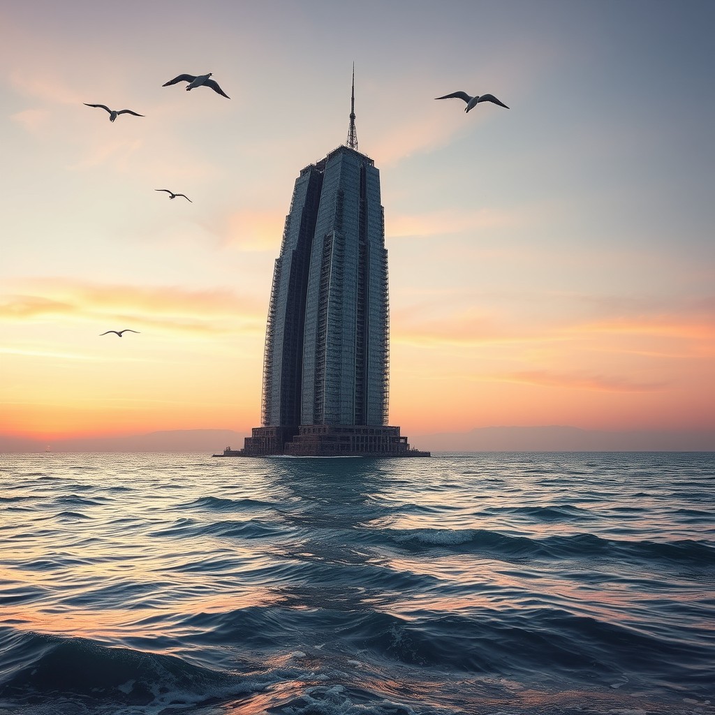 A majestic, solitary skyscraper in a state of ruin, partially submerged in a serene, calm sea