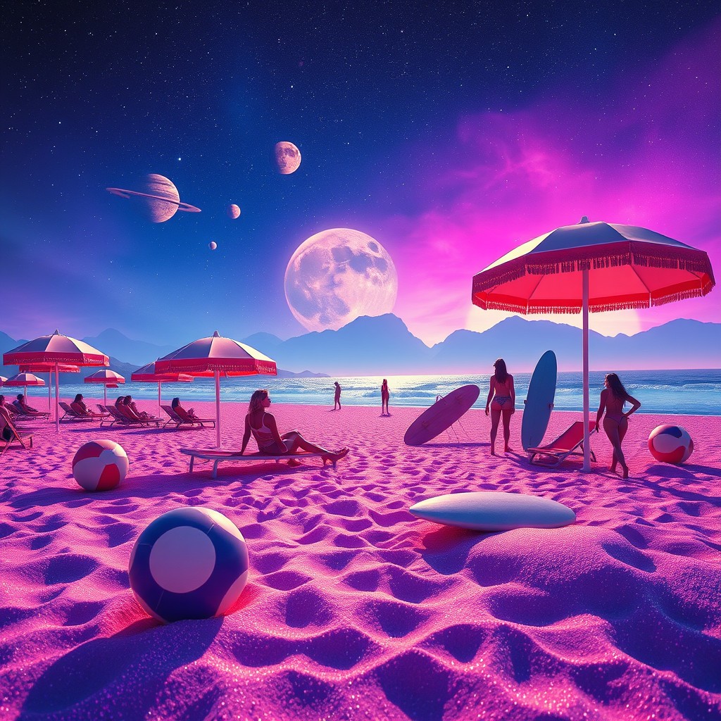 A retro beach scene set in outer space with vibrant colors and playful elements
