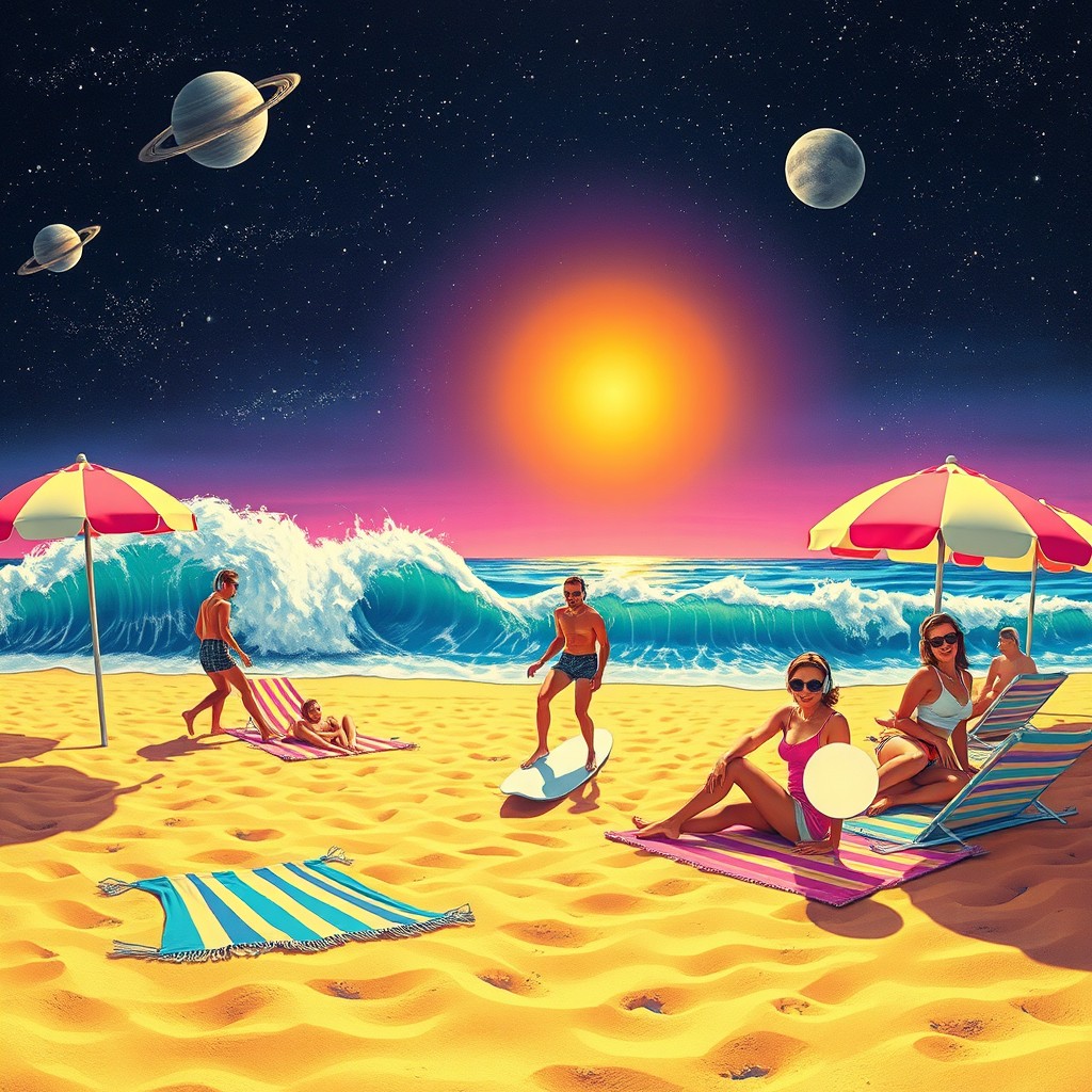 A retro beach scene set in outer space, featuring vibrant colors and a surreal atmosphere