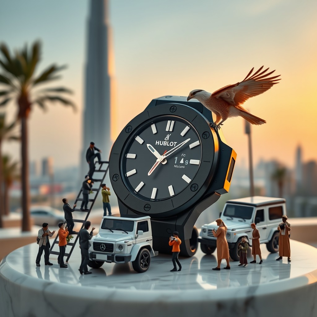 A luxurious 'Tiny Figures' style scene featuring a black Hublot wristwatch elegantly placed on a polished marble pedestal