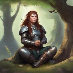 female dwarven druid meditates amid nature wearing her heavy armor while controlling energy around her