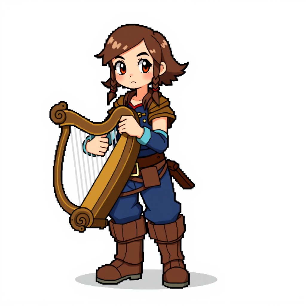 A full-body trainer sprite for Pokemon Essentials featuring a spirited young girl cradling a decorative harp in her arms