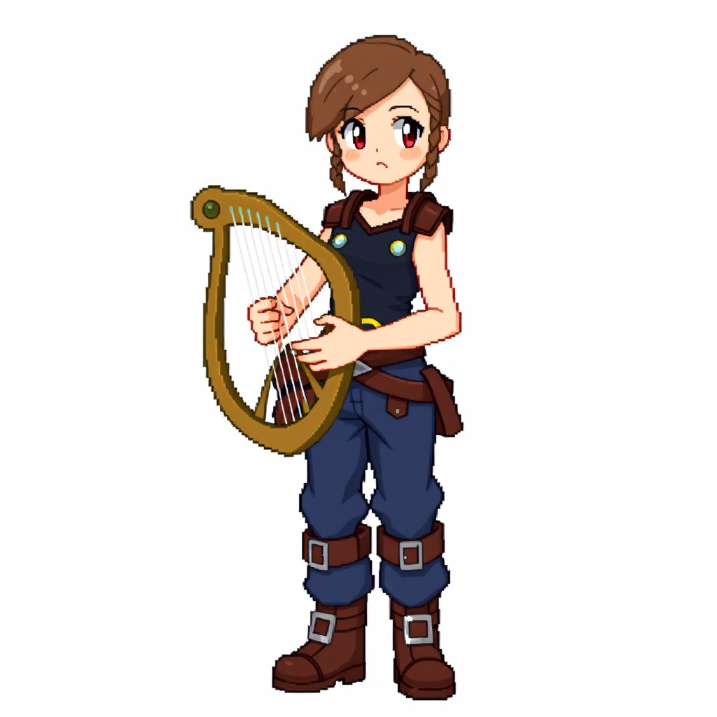 A full body trainer sprite for Pokémon Essentials in 5th generation graphics featuring a spirited young girl standing confidently, cradling a decorative harp in her arms