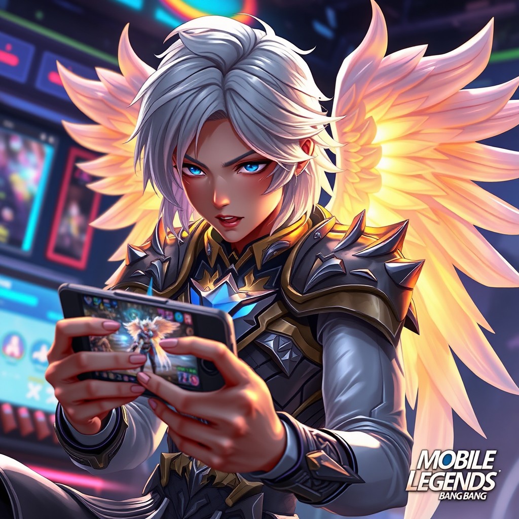 A character inspired by Kaja from Mobile Legends Bang Bang, depicted as a fantasy hero with ethereal wings, engaging in an intense moment while playing Mobile Legends on a sleek smartphone