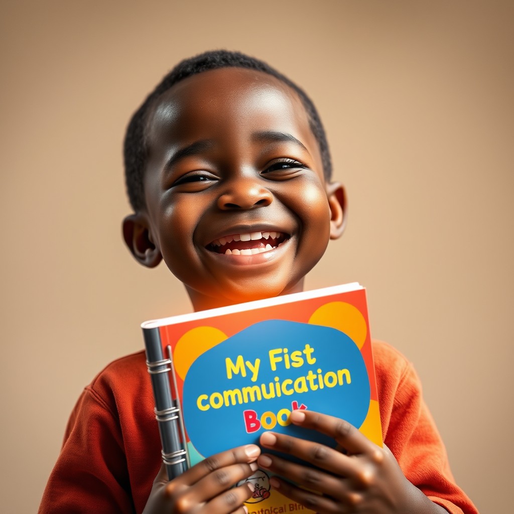 A joyful young African boy, aged 4, with a beaming smile, holding an A4 book bound along the short side with wire